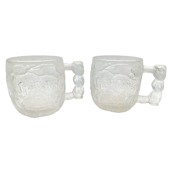 (2) McDonald's Flintstones Cups 1993 Collectible Glass Mug Bedrock Stone Handles - Picture 10 of 12